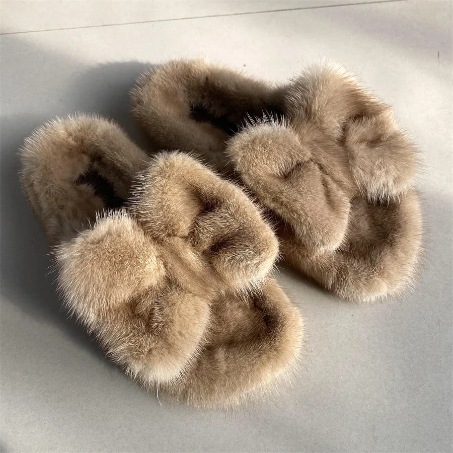 Luxury Designer Female Shoes Winter Slippers For Women Real Mink Fur Slides Rubber Flat Bottom Warm Soft Indoor Women  Slippers