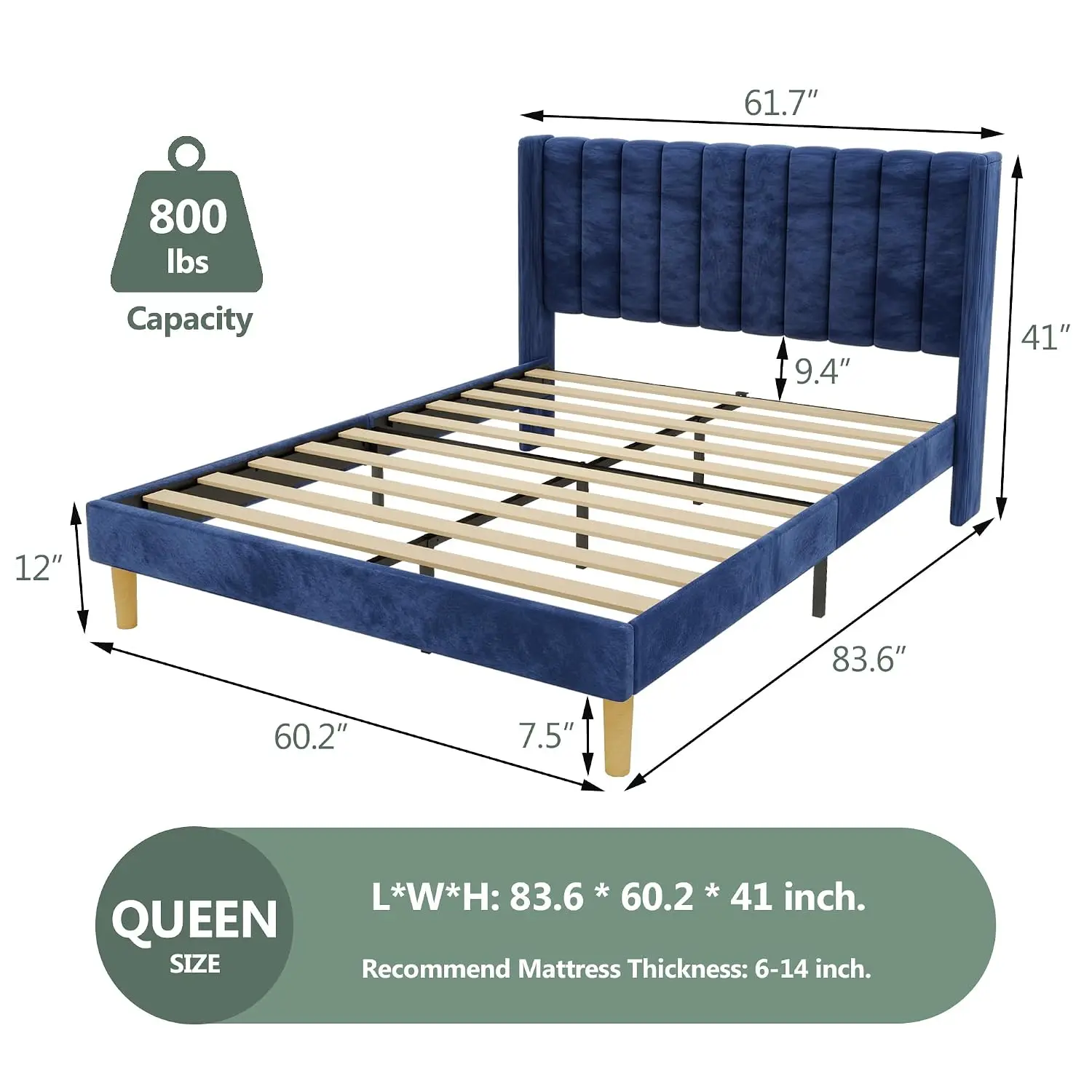 Queen Bed Frame with Velvet Upholstered Headboard, Blue | Vertical Channel Wingback Headboard, 7.48