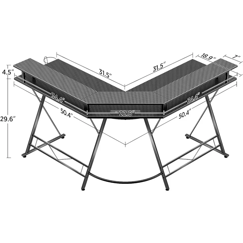 Bureau de jeu en forme de L avec lumières LED et prises de courant, bureau d'ordinateur 50.4 pouces, support de moniteur, surface en fibre de carbone