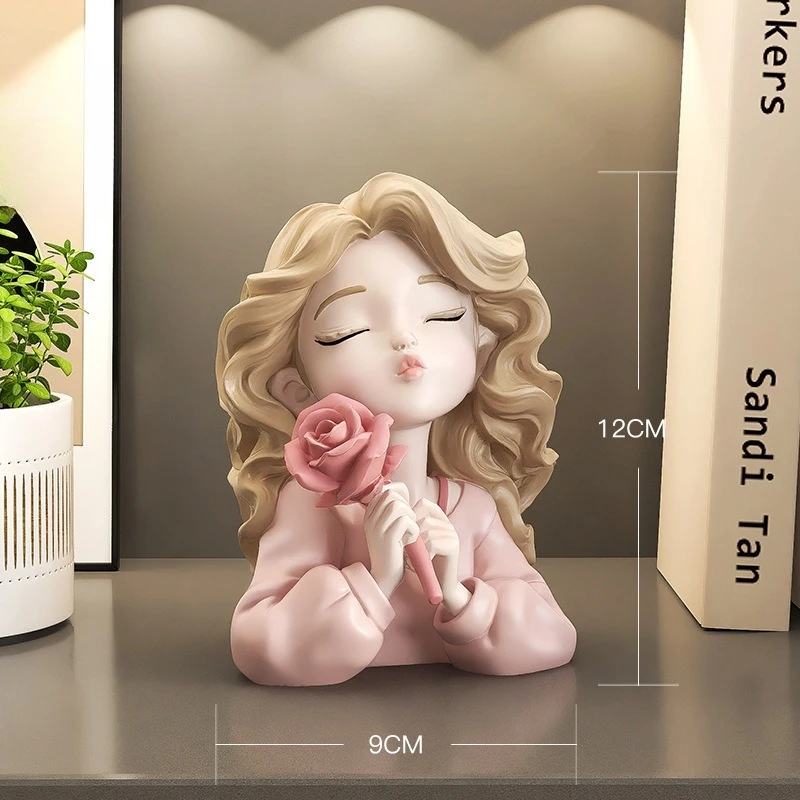 

Wavy Blonde Hair Girl Figures Rose Flower Statue Desk Decoration Room Aesthetics Decor Exquisite Character Resins Sculpture