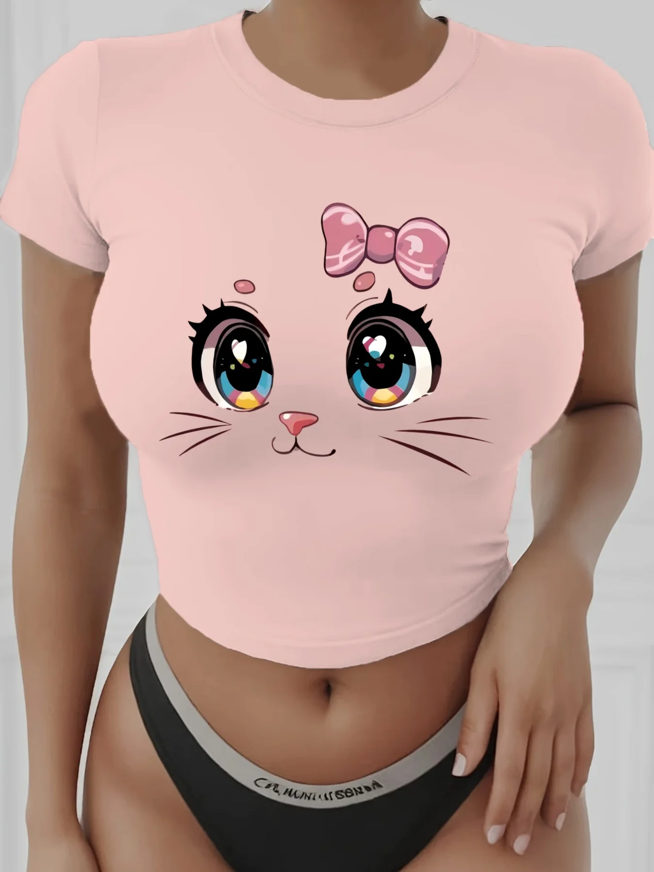 Hellrosa Cartoon-Katzen-Grafik-Kurzarm-T-Shirt für Damen, süßes, von Anime inspiriertes, lässiges T-Shirt, verspieltes rosa Schleifen-Design, Y2k-Kleidung