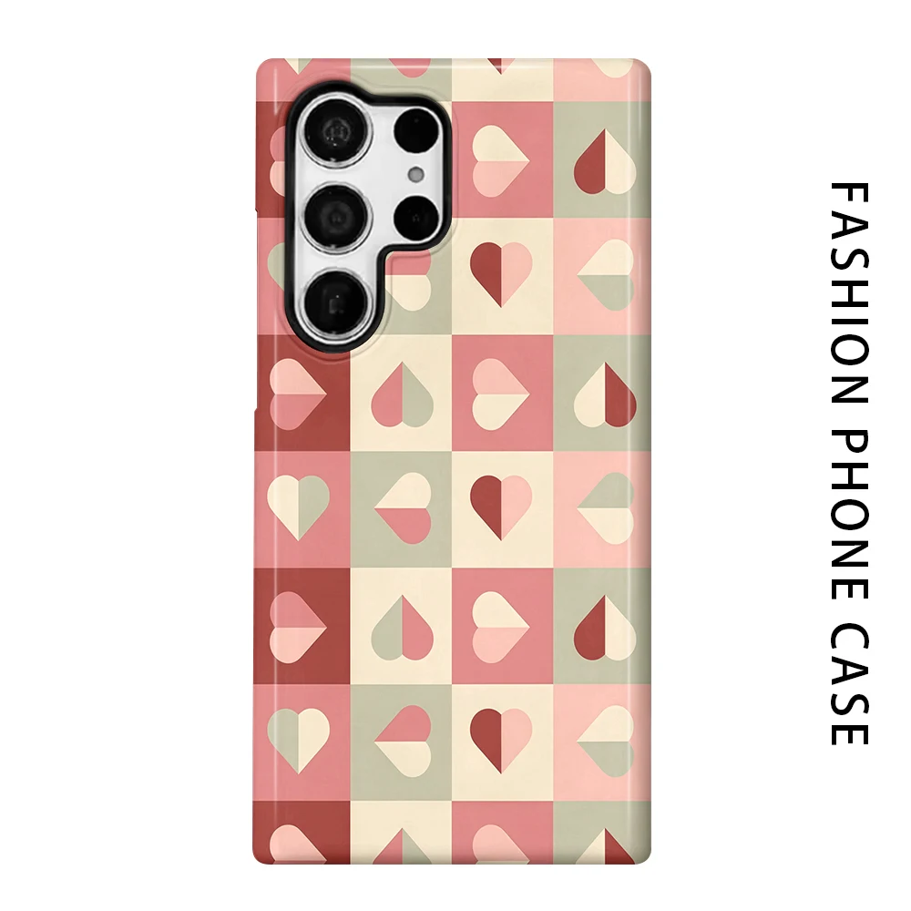 Checker Hearts Phone Case for For Samsung Galaxy S26 S25 S24 S23 S20 FE A56 A36 Ultra Glossy HD Hard Cover Film Shell