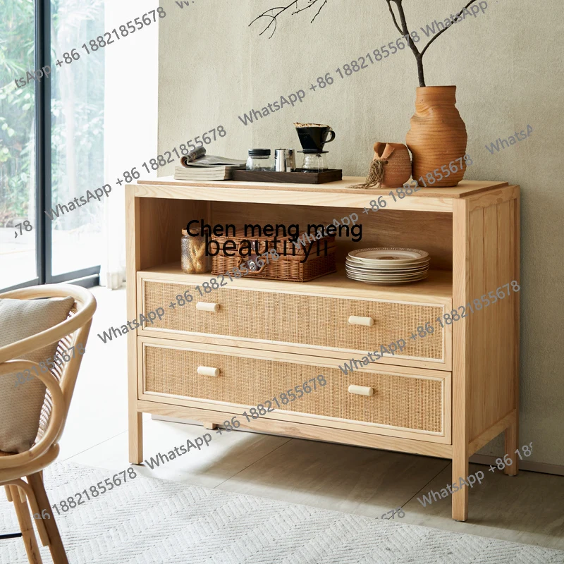 

Nordic rattan dining side cabinet storage, bedroom simple modern solid wood locker against the wall drawer cabinet H