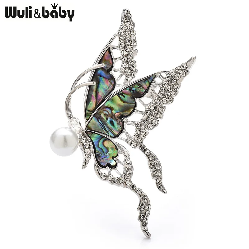 Wuli&baby Abalone Shell Flying Butterfly Brooches Women Unisex 2-color Rhinestone Insects Party Brooch Pins Gifts