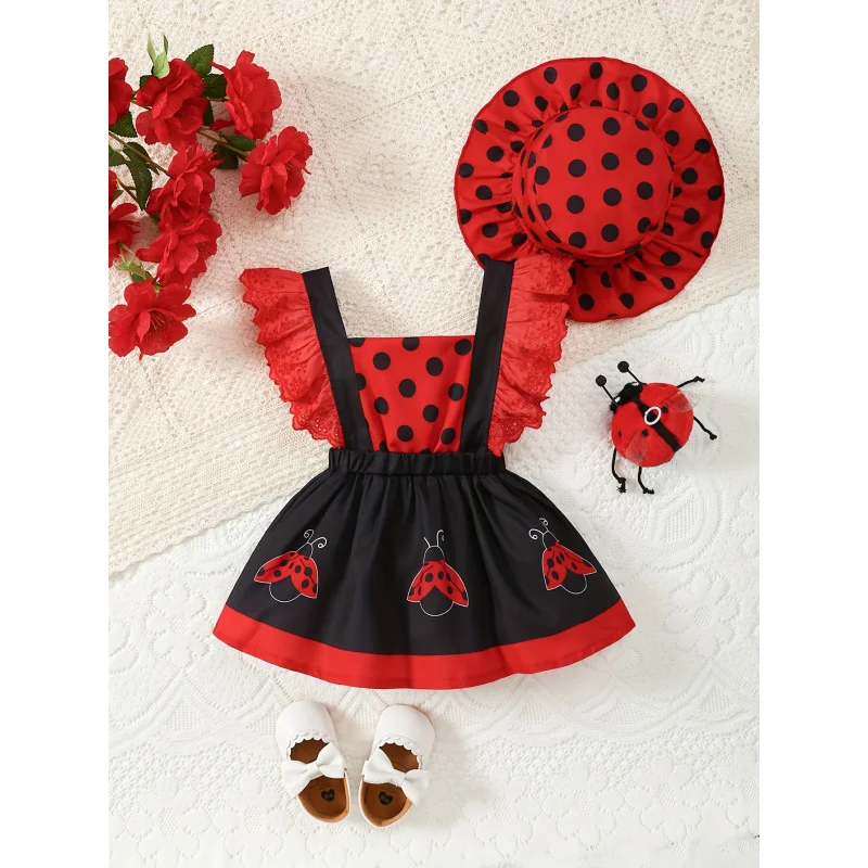 

2 Girls' New Summer Bee Ladybug Stripe Full Print Backless Stitching Lotus Lace Adjustable Sling Dress Sun Hat Suit
