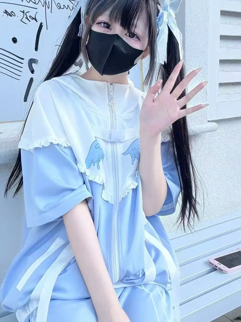 Original Japanese Subculture Water Color System Removable Sleeve Jacket Shorts Leg Cover 3 Piece Set Girl's Sweet Hooded Jacket