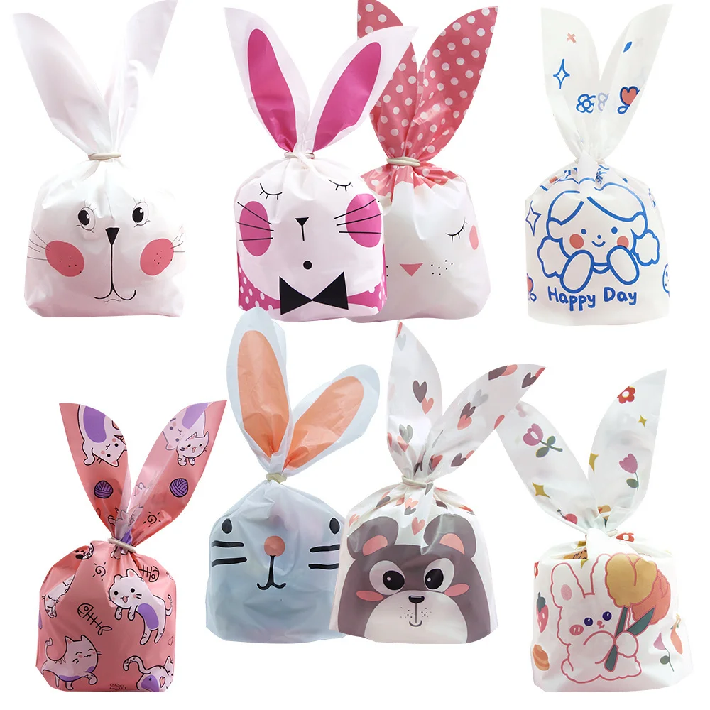 10/20pcs Cute Rabbit Ear Bags Plastic Cookie Candy Gift Bags For Easter Party Biscuits Snack Baking Packing Supplies Kids Gifts