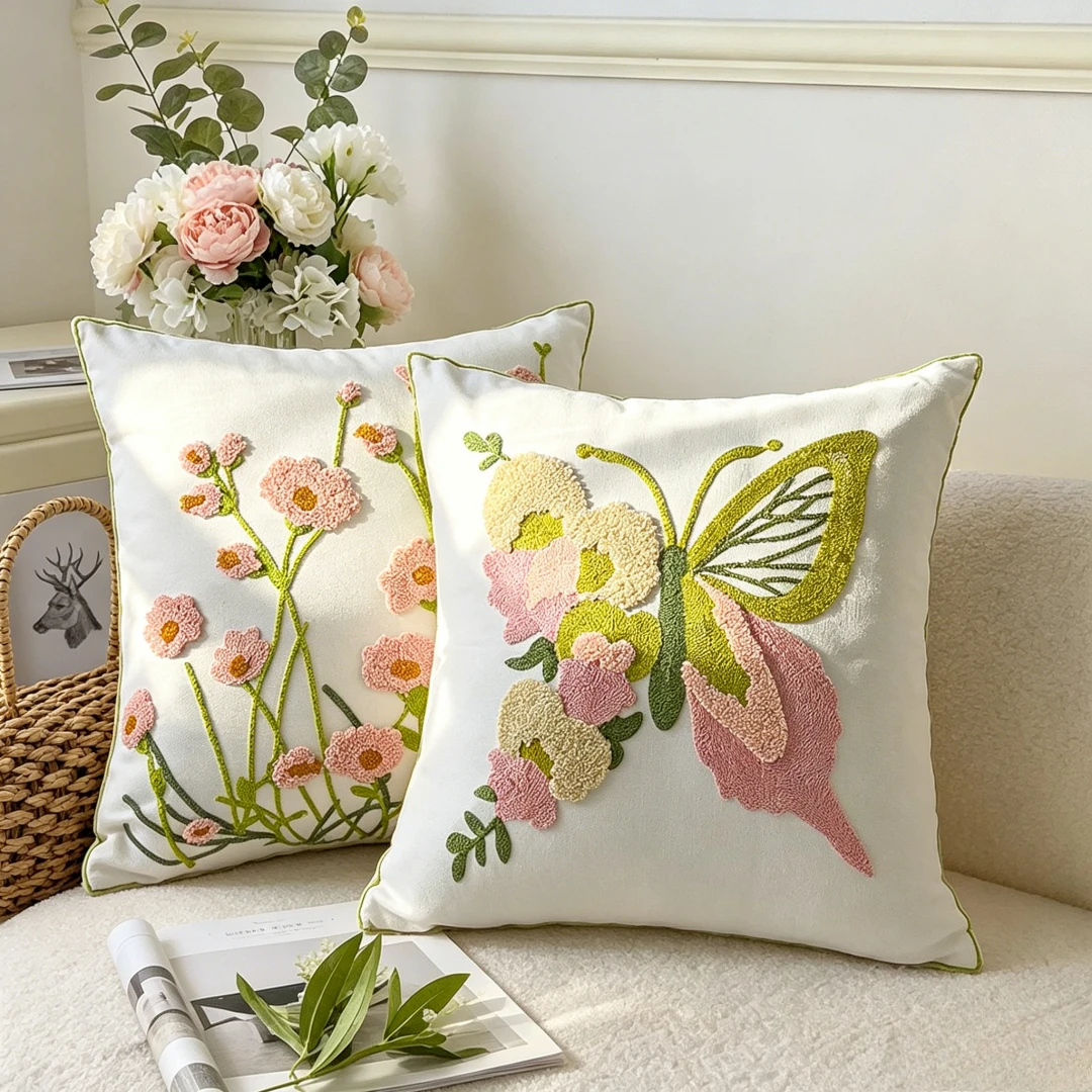 Beautiful Embroidered Flower Butterfly Throw Pillowcase Canvas Cotton Living Room Decoration Sofa Chair Cushion Cover Headboard