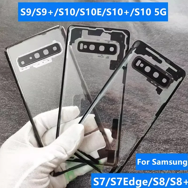 Carcaça para samsung galaxy s10 5g s9 plus s10e s8 s7 bateria transparente capa traseira reparação porta caso traseiro + lente da câmera
