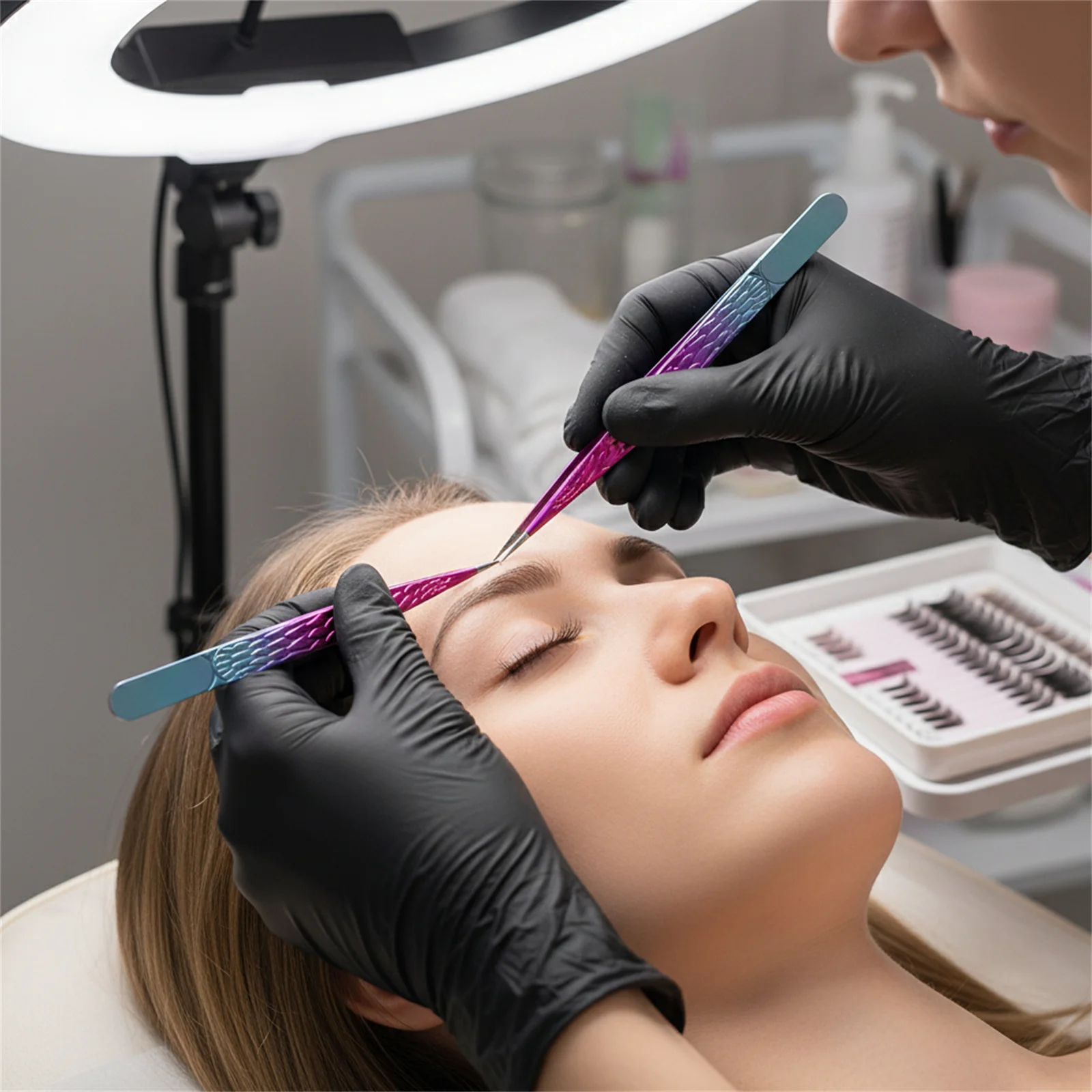 Pinça de cílios de alta precisão, aço inoxidável, cabeça reta, ponta curvada, extensão de cílios, ferramentas de maquiagem de beleza feminina