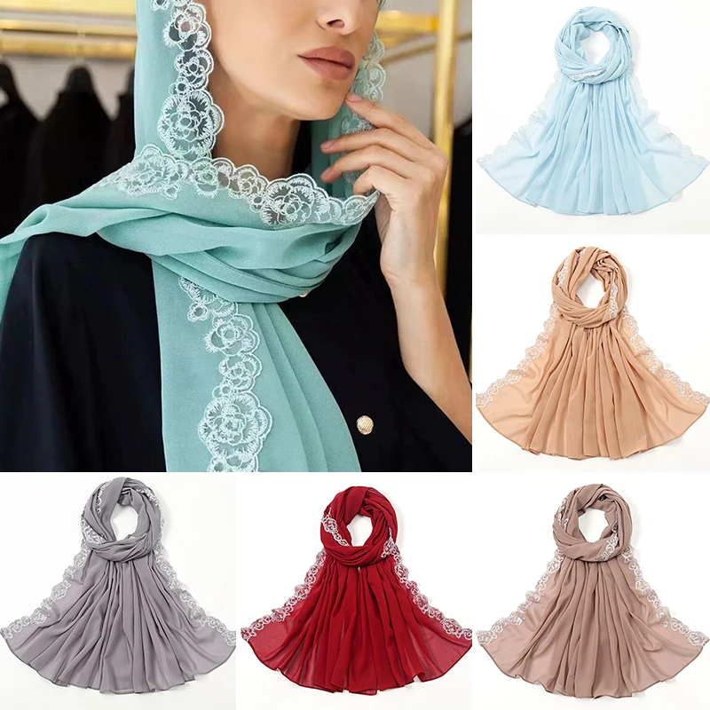 Women Solid Color Scarf Chiffon Hijab Head Wraps Lace Trim Embroidered Lace Shawl Breathable Lightweight Sunscreen Soft