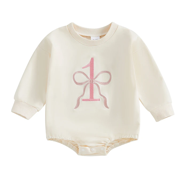 Baby Girl Birthday Romper Bow Number Embroidery Crew Neck Long Sleeve Sweatshirt Jumpsuit for Fall Winter