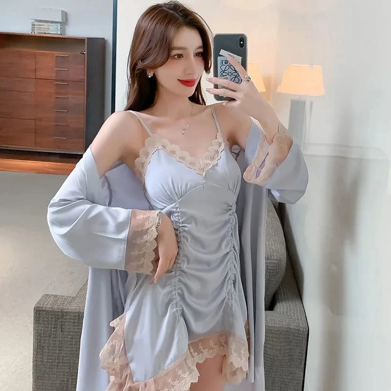 

Sexy Nightgown Women Light Luxury Ice Silk Lace Morning Gown Drawstring Suspender Nightdress Set Spring Thin V-neck Loungewear