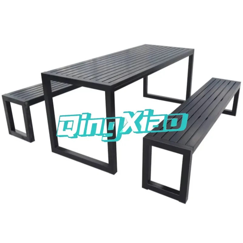Outdoor Patio Dining Set With Rectangular Table And 2 Benches Wood Plastic Composite Top Metal Frame For Garden Backyard Balcony