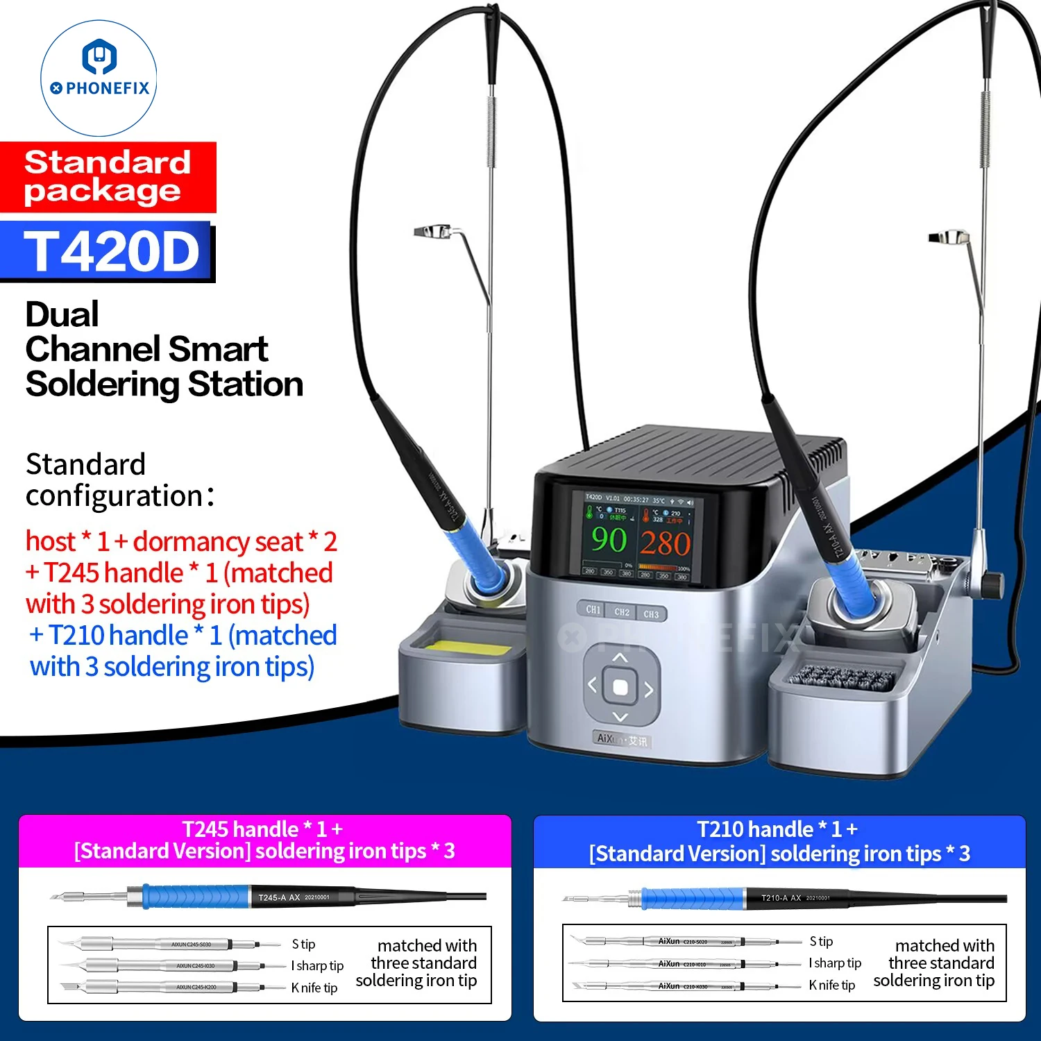 JCID AIXUN T420D Intelligent Double Soldering Station With C115 C245 C210 Handle Iron Tips Welding Platform for SMD PCB Repair