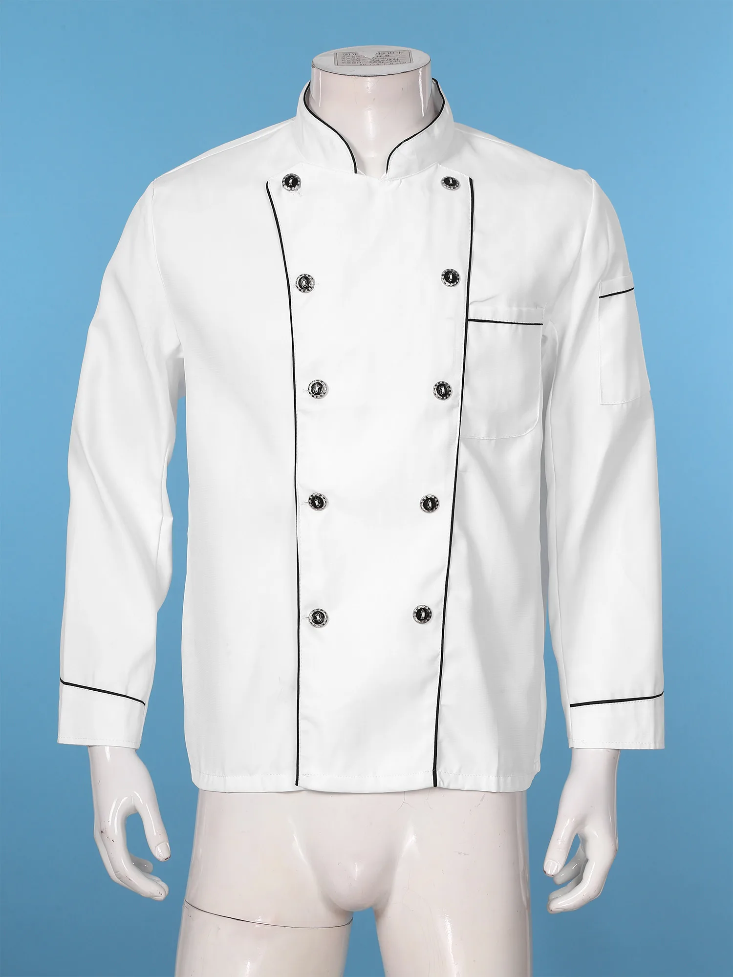 Veste de chef blanche pour hommes et femmes, uniforme de cuisine d'hôtel et de restaurant, col montant Chamonix, bouton vers le bas, abonnés, garniture de document