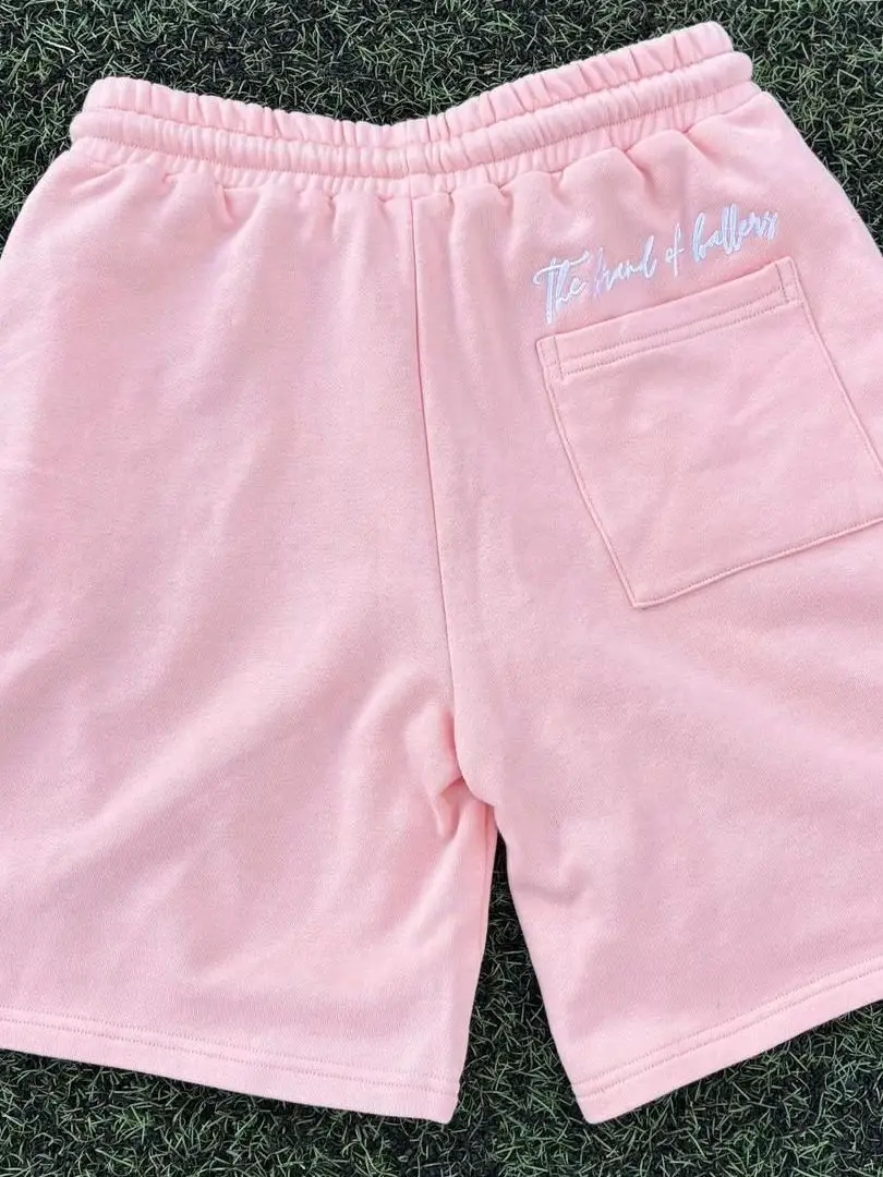 Summer Berry Pink Embroidered Elastic Waist Drawstring Loose Casual Shorts Unisex Cotton Sporty Leisure Pants