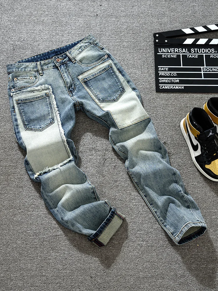 กางเกงยีนส์วินเทจผู้ชายสไตล์เรโทร ดีไซน์แฟชั่นสตรีททรงสลิมฟิต ขาตรงเล็กน้อย รุ่นใหม่ปี 2025
