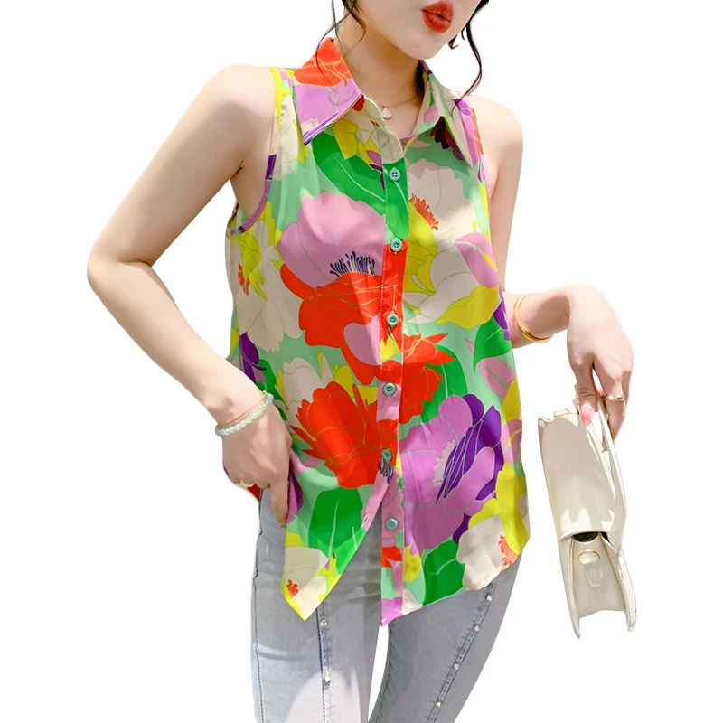 2025 Summer Print Sleeveless Shirts for Women Fashion Slim Straight Women's Clothing Flower Single Breasted Blouse OL Women Tops