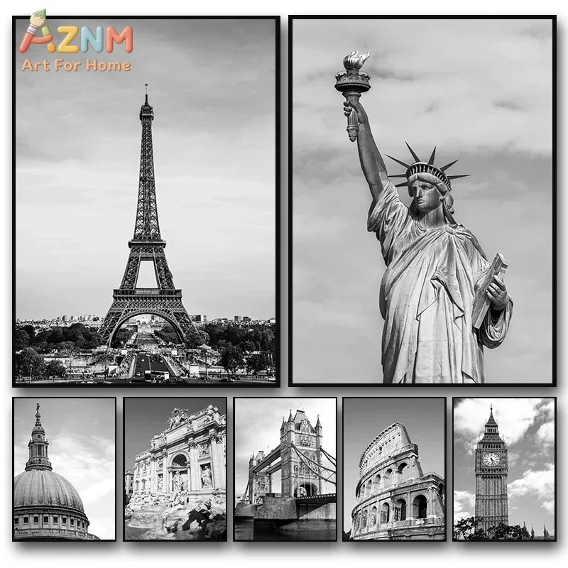 AZNM Black White World Famous Landmark Canvas Print, Frameless Vintage City Building Wall Poster, Monochrome Travel Landmark Art
