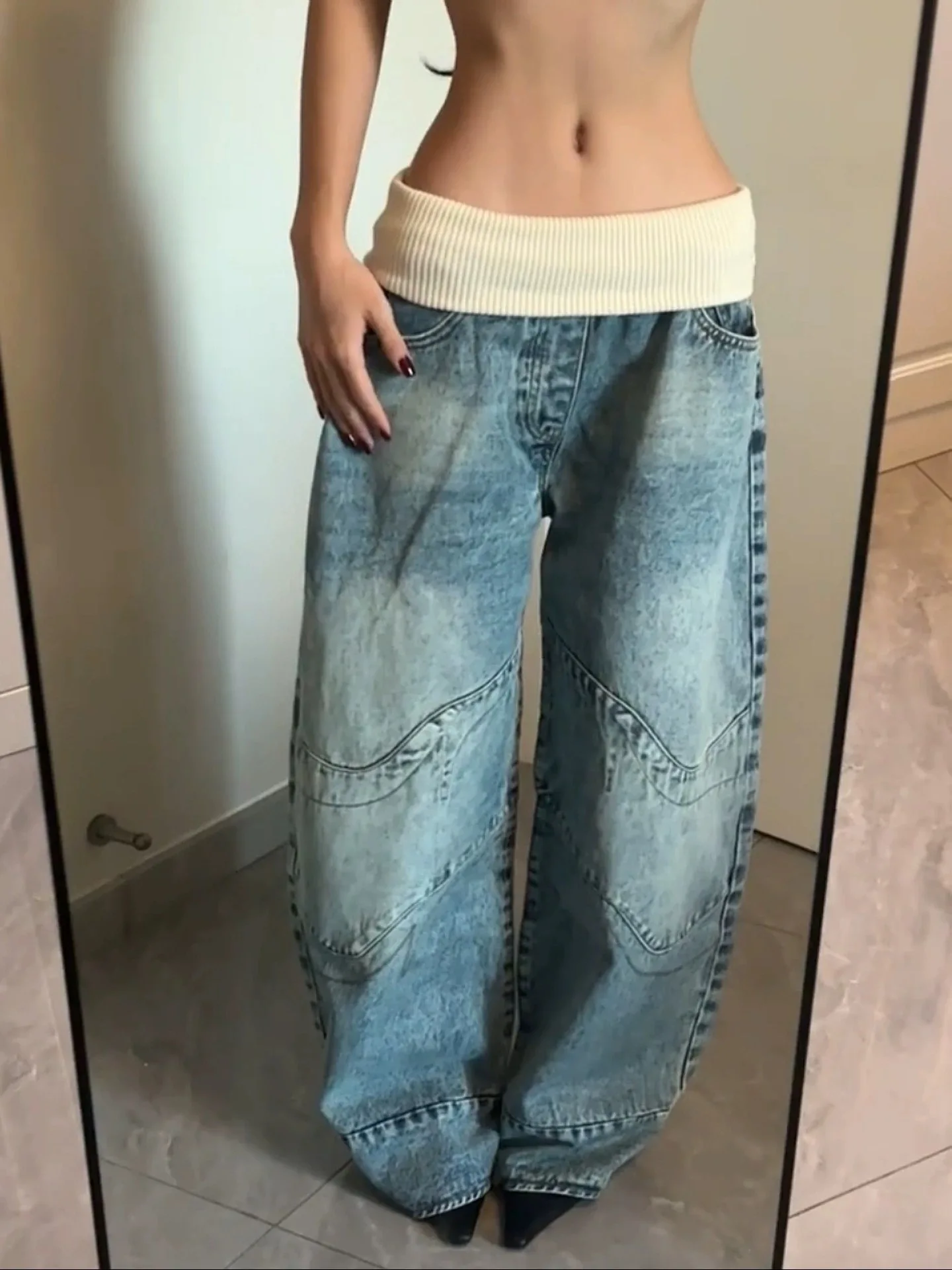 

Джинсы с высокой талией и широкими штанинами, женские, модные, в стиле ретро, свободного кроя, корейский стиль, осенне-зимние, прямого кроя, длинные брюки