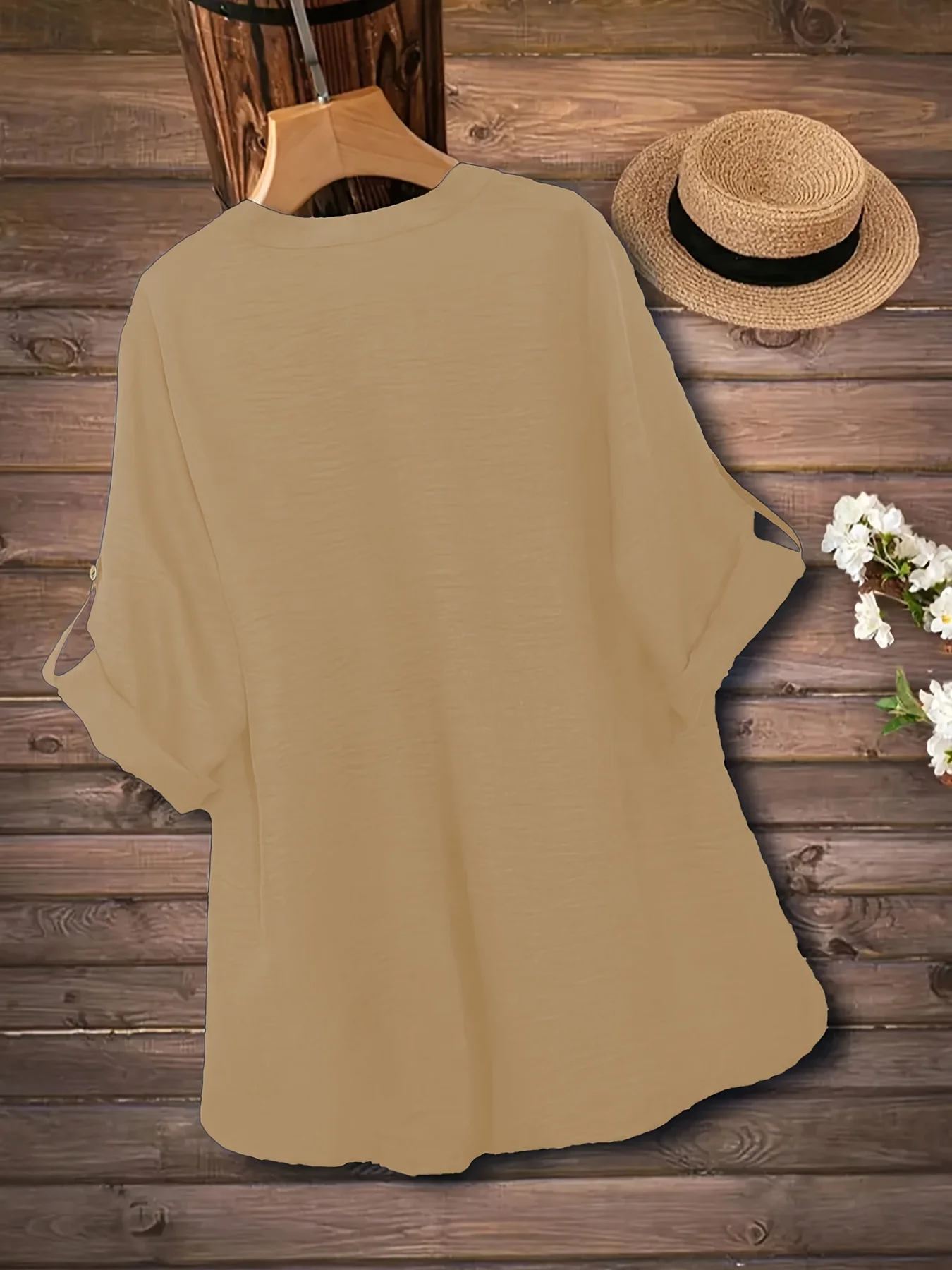 Elegantes Plus-Size Damen-Tunika-Oberteil mit Knopfleiste für mühelosen Stil und ganztägigen Komfort – Detail 14