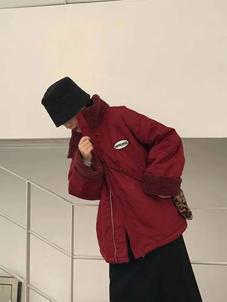 Y2K Faux Lamb Coat Women Loose Vintage Double Sided Streetwear Jacket Casual Harajuku Stand Collar Female Korean Winter Tops New