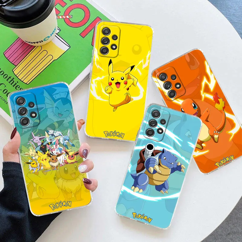 For Samsung Galaxy A55 Case A54 A52 A53 A15 A14 A13 A21S A23 A51 A34 A35 A33 A32 A72 Clear Cover Pokemon Pikachu Blastoise Anime