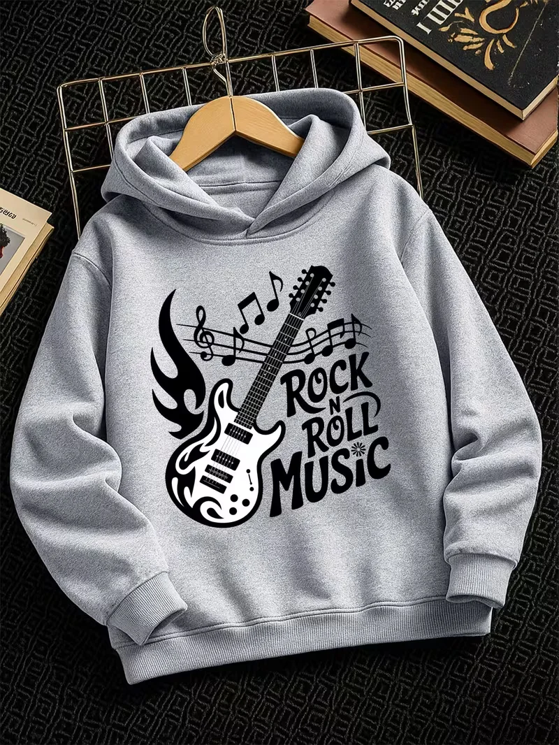 ROCK ROLL MUSIC letter printed children's autumn and winter fashionable casual hoodie, suitable for outdoor activities