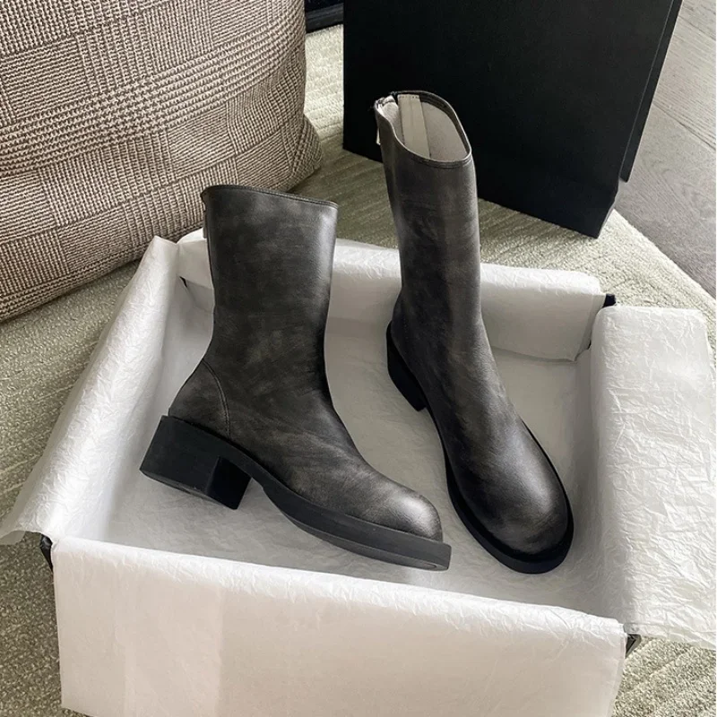 

Round Toe Ankle Booties Solid Color Chunky Heels Ladies Shoes Zipper Style Zapatos Mujer Spring Autumn New Women Booties 2024