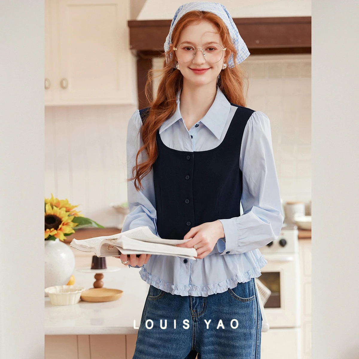 

Lyocell Fabric Long Sleeved Blouses 2025 Autumn Elegant Color Blocking Splicing Women's Shirt with Fungus Edge Women Tops