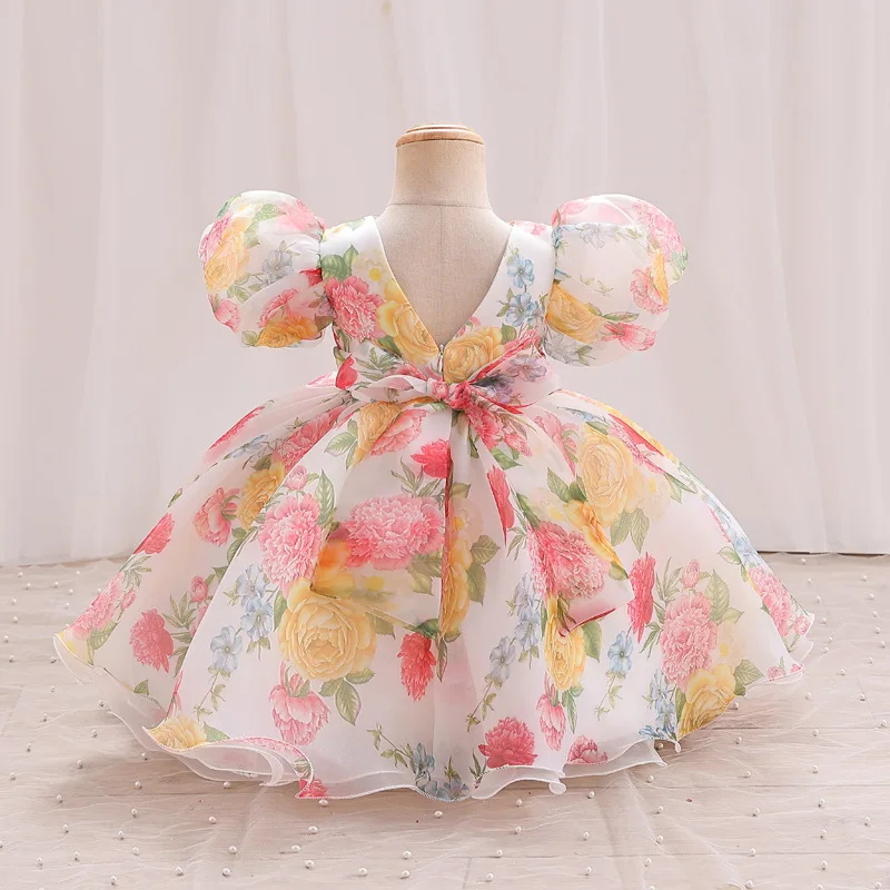 Abito da ragazza di fiori maniche corte a bolle bambini fiore stampato o-collo abito da principessa Fluffy Ruffles Hem festa di compleanno Vestido