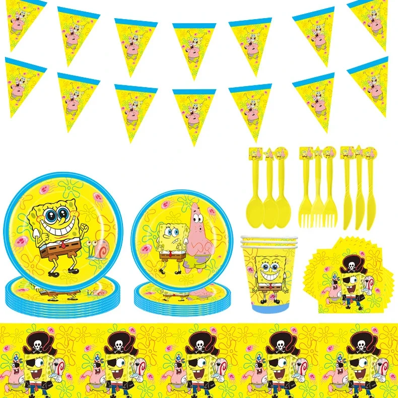 

Губка Боб, мультяшное украшение для вечеринки, детские принадлежности для дня рождения, чашки, воздушный шар, фон для сцены, реквизит, игрушки, подарки