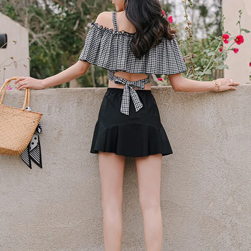 2023 New Summer Fashion Checker Off Shoulder Strap with Ruffle Edge High Waist Sexy Back Strap Two Piece Skirt Swimwear