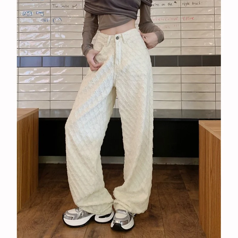 

Female High Waist Thin Straight Leg Jeans Female Chic White Printed Pants Girls Korean Fashion Loose Denim Trousers
