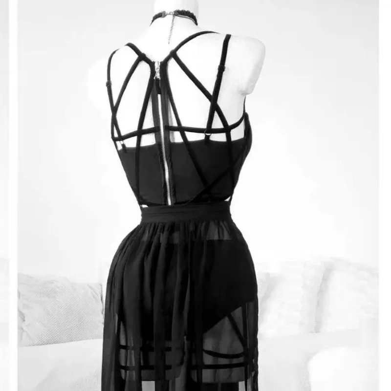 AltGoth Gothic Nightclub Sexy Skirt Set Women See Through Mesh Backless Crop Tops Emo Alt Punk High Waist Underpants Skirt 3pcs image 2