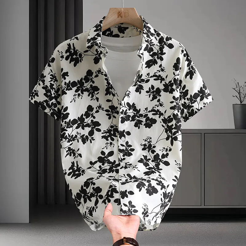 

Men's short-sleeved shirt, casual all-match cotton t-shirt, men's fashion handsome lapel youth floral shirt