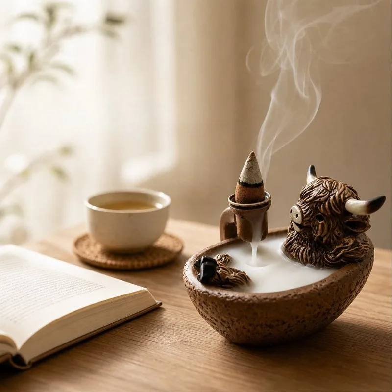 Resin Highland Cow Figurine Backflow Incense Burner Creative Incense Holder Home Fragrance Diffuser Desktop Art Decoration