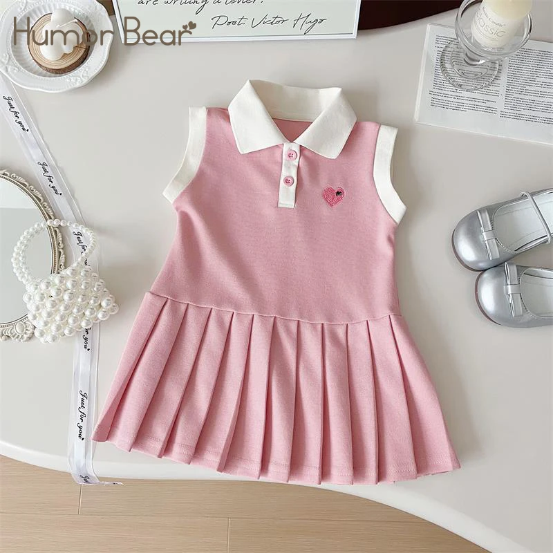 Humor Bear Kids Clothing Summer Shirt-neck Sleeveless Heart Pleated Pink Skirt Princess Dress Comfort Children Girl's dress