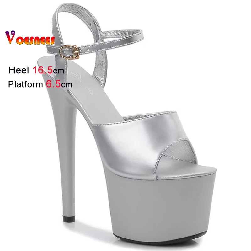 فضي 2025 أحذية نسائية الصنادل سوبر عالية الكعب 16.5 سنتيمتر منصة 6.5 سنتيمتر جولة رئيس الكاحل مشبك حزام السيدات مضخات أحذية الحفلات