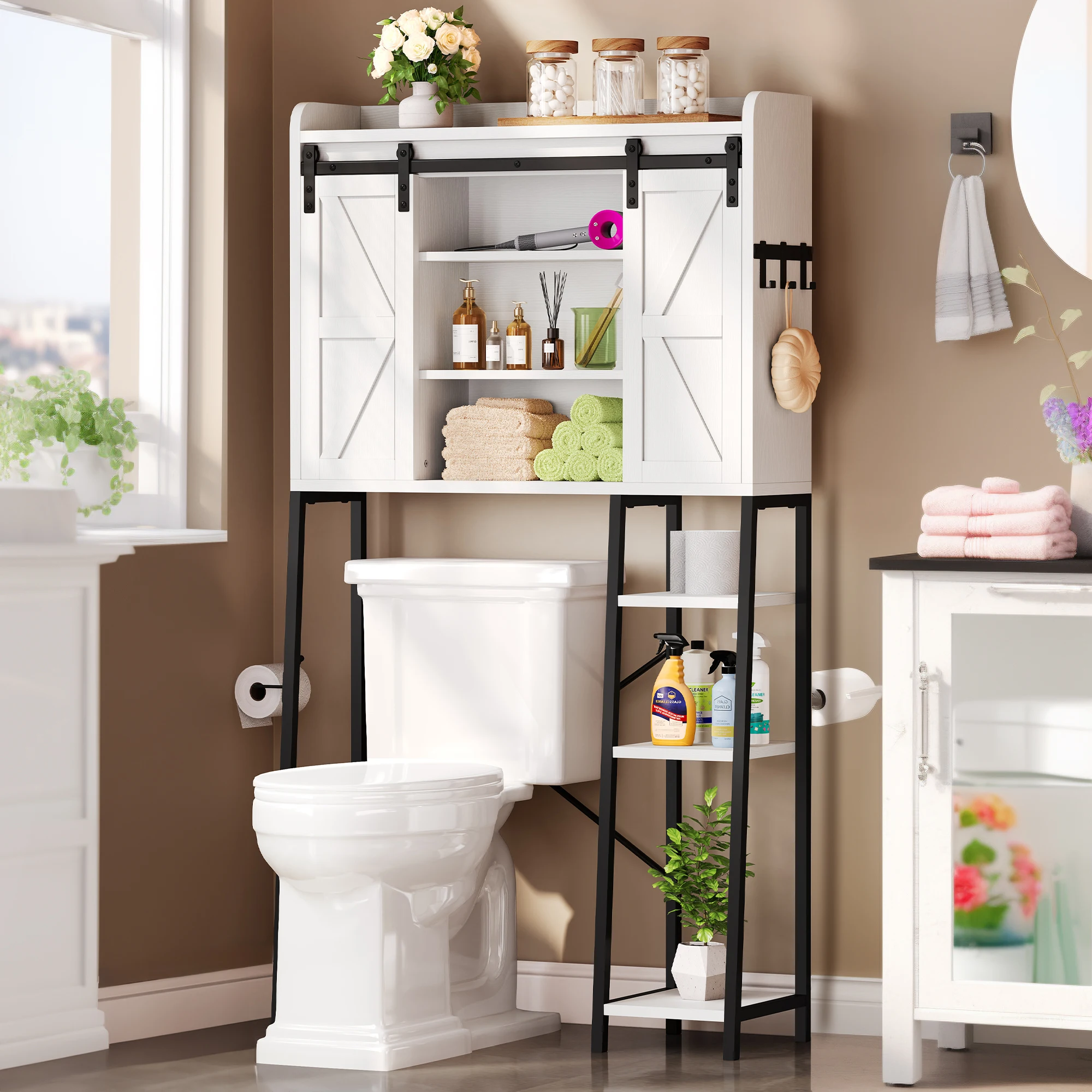 Over The Toilet Storage 3-Tier Wooden Bathroom Space Saver w/ Sliding Barn Door