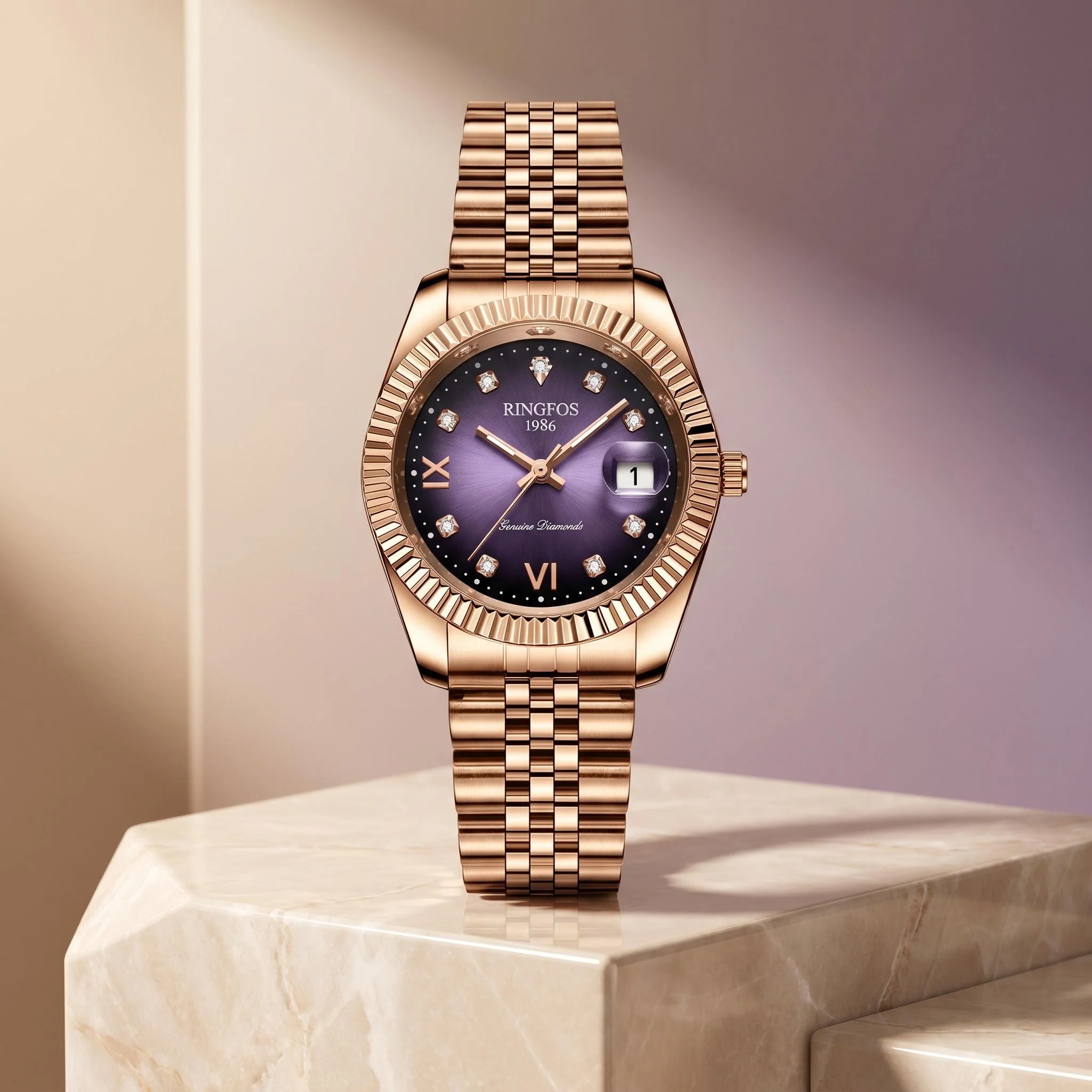 Lady's Rose Gold and Purple Quartz Watch, with Sparkling Diamonds on the Dial, Suitable for Business Commutes.