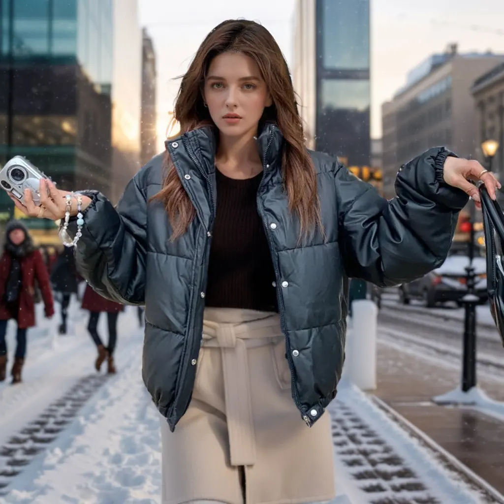 

Women's Cotton-Padded Jacket Bright American Style Short High-Quality Winter Coat Casual Stand Collar Loose Fit