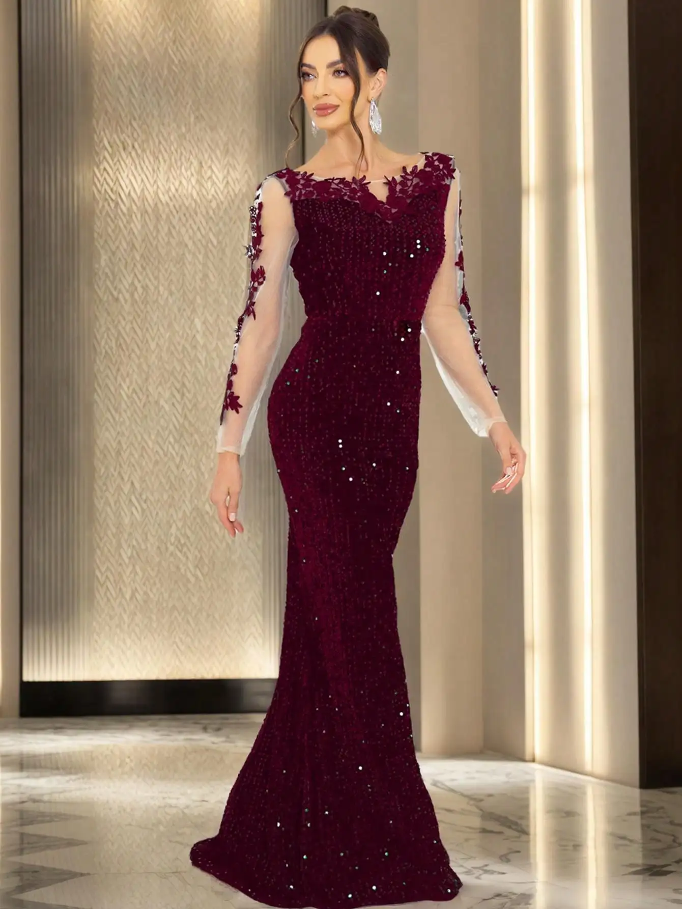 O Neck Illusion Long Sleeve Evening Party Dress Lace Flowers Sequin Mesh Floor Length Wedding Cocktail Prom Gown Elegant Women