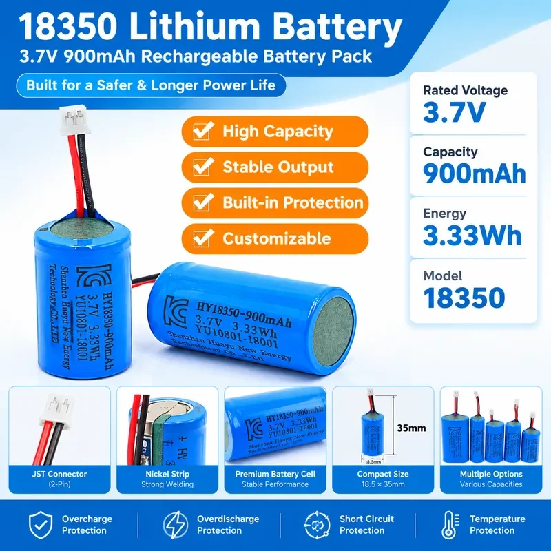 100Pcs 18350 Rechargeable Lithium Battery with Protection Plate 3.7V Li-ion Cell for Flashlights and Electronic Devices