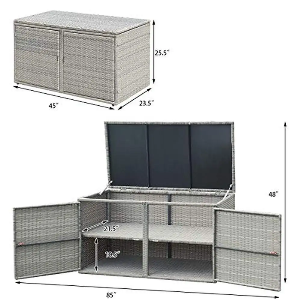 Wicker Storage Box Garden Deck Bin Steel Frame Rattan Lid Tools Accessories 88 Gallon Shelf Double Doors Multipurpose Use Garden