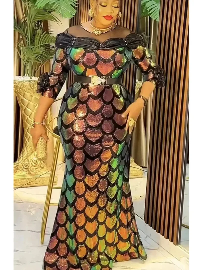 African Dresses for Women 2025 New Fashion Plus Size Sequin Evening Party Long Dress Dashiki Ankara Outfits Robe African Clothes