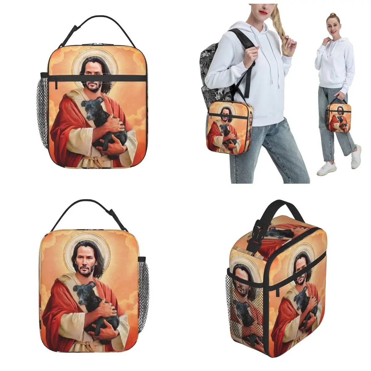 Keanu Reeves Lord & Saviour bolsas de almuerzo aisladas, parodia de Jesús y perro, bolsa de comida a prueba de fugas, enfriador térmico, cajas de almuerzo para la escuela