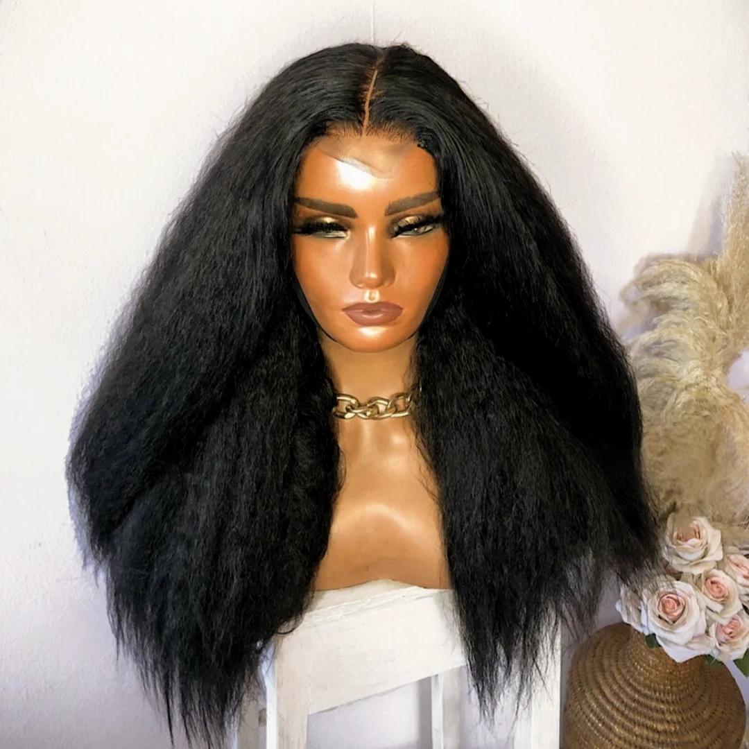 Kinky Straight Yaki 28Inch Long Glueless Natural Black Soft Lace Front Wig For Women With Baby Hair Preplucked Daily