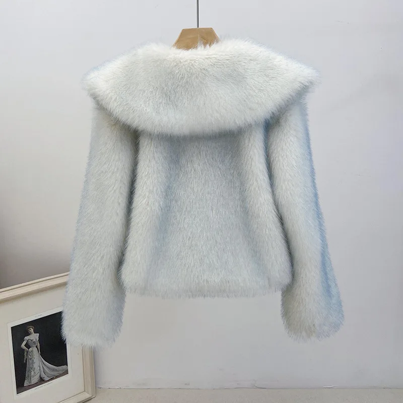 Korean Sweet Doll Collar Gradient Blue Imitation Fur Jacket Winter Women Single-breasted Long Sleeve Faux Fox Fur Coat Female